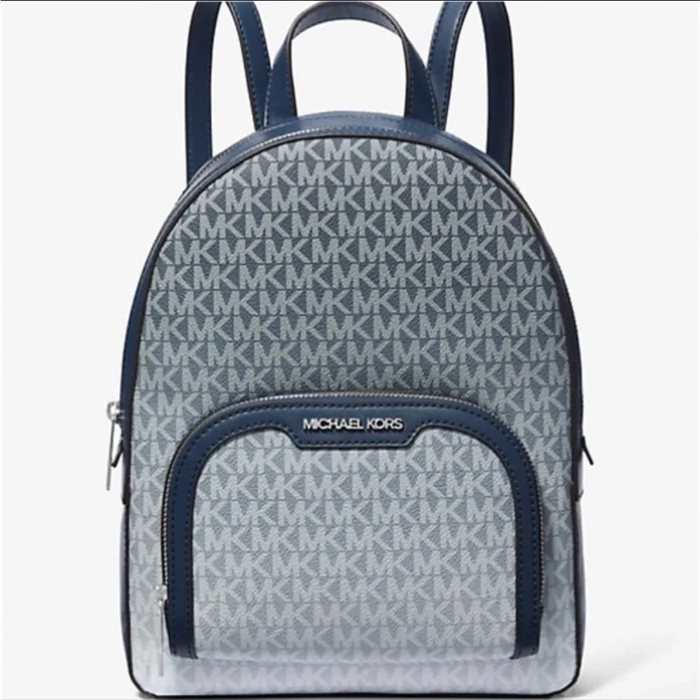 MICHAEL KORS Jaycee Medium Ombré Signature Logo Zip Pocket Backpack Navy NWT